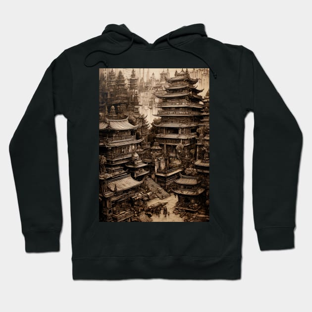 Japanese Fantasy City Shrine Hoodie by entwithanaxe